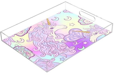 Unicorns Cute Beautiful Purple Girl Acrylic Tray with Handles Acrylic Tray Clear 12 x 16 Clear Bed Tray Spill-Proof