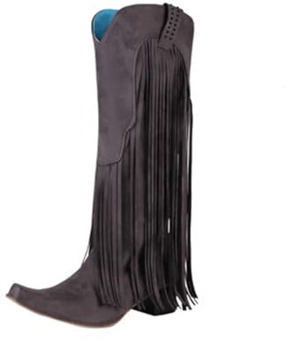 FGRID Höga cowgirlstövlar för damer med fransar, retromocka med spetsad tå med mitten av kalvens tofsstövlar, överdimensionerade Slip-on klackklack Western Knight Boots,Gray,35