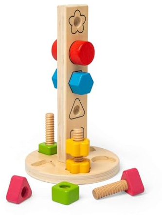Bigjigs Toys Muttern & Bolzen Turm, 11-teiliges Holz-Baukasten-Formsortierspiel