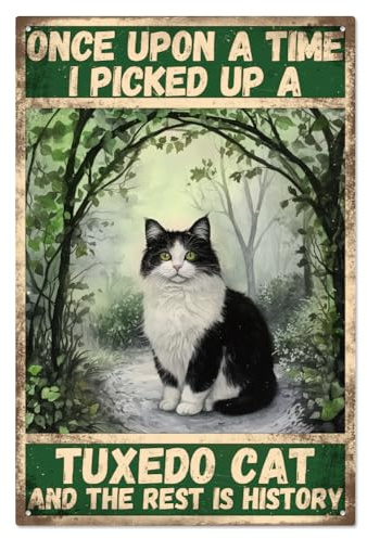 WADORN Vintage Forest Cat Cat Lovers Metal Tin Sign, 7.8x11.8 Inch Funny Retro Bar Pub Club Home Tin Sign Once Upon A Time I Pick Up A Tuxedo Cat Wall Art Poster Plaque Decor for Living Room Cafes