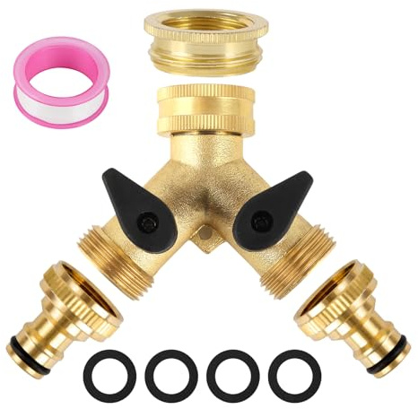 2-Wege-Messing-Y-Ventil-Wasserhahn, Gartenschlauch-Verteiler, Zwei-Wege-Wasserhahn-Verteiler mit 2 einzelnen 1,9 cm Messing-Wasserhähnen und 1,9 cm auf 1,27 cm Anschluss für Haus, Garten, Außenbereich