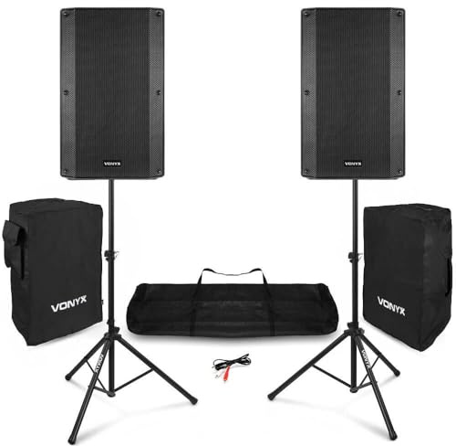 VONYX VSA150S Pack Sono Complet - Ensemble d'Enceintes Actives 15, 1000W avec Supports Trépieds Réglables, Housses de Transport, Câble Audio RCA, Idéal pour DJ, Musiciens ou animateurs