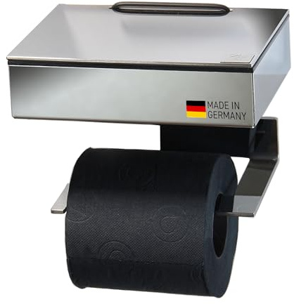Toilettenpapierhalter mit Feuchttücherbox - Gehäuse Poliert & Abdeckung Edelstahl - befüllbar von Links - Wandhalterung 2-in-1, Feuchttuchbox & Klopapierhalter aus Edelstahl, Made in Germany