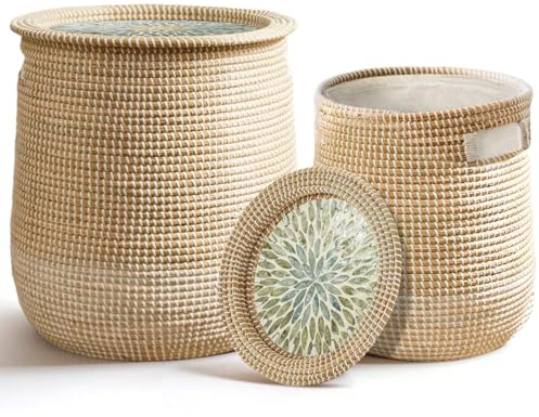 Laundry Hamper(2 Pices) with Lid Handles 14.96Gal & 7.43Gal Seagrass Laundry Hamper Round Decorative Basket Handwoven Rattan Storage Basket with Removable Liner for LivingRoom Bedroom Bathroom