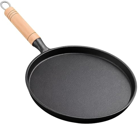 YuLiMirich Gusseisenpfanne Induktion Grillpfanne 26cm, Cast Iron Pan Gusspfanne mit Holzgriff, Langlebige Pfanne Gusseisen Induktion, Runde Pfanne Gusseisen für Gasgrill, Gas, Camping Outdoor Kochen
