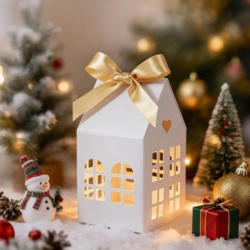 24Pcs Cajitas Regalo Pequeñas Navidad Papel Perla Casita Ahuecada, Cajas Navideñas Chuches Velas Detalles Dulces Recuerdos Regalitos Invitados Niños Calendario Adviento Decoración Mesa Fiesta (Blanco)