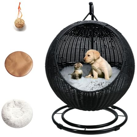 Lit balançoire pour animal de compagnie avec support et coussin – Chaise œuf d'intérieur et d'extérieur pour chats, chiens et petits animaux – Hamac suspendu en rotin pour chambre et porche