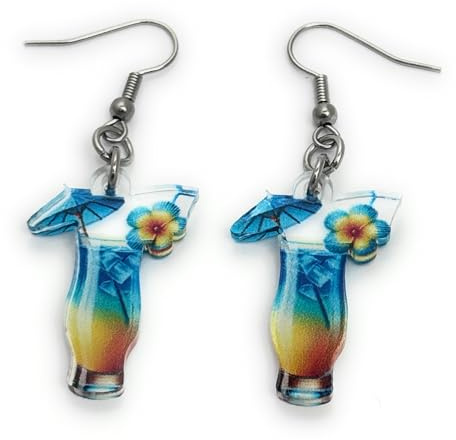 FizzyButton Gifts Translucent Acrylic Cocktail with Umbrella Charm Drop Earrings with Surgical Steel Ear Wires and Organza Gift Bag