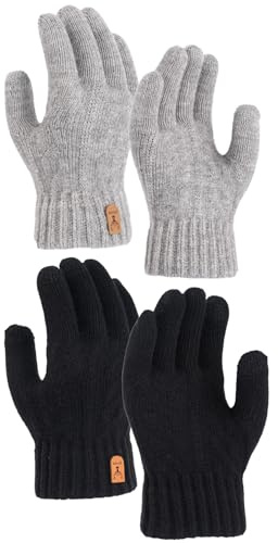 VEGCOO 2 Paar Damen Winterhandschuhe mit Fleecefutter, Winter Warme Handschuhe mit Fleece Futter, Touchscreen Dicke Strickhandschuhe, Winter Warme Handschuhe für Herren Damen (Schwarz + Grau)