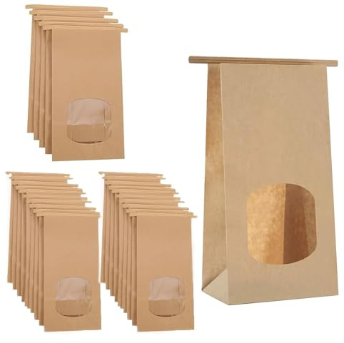 SKDFHOD 25 Stück Braune Kraftpapier Tüten mit Sichtfenster, Imprägniern Kraftpapiertüten, Standbeutel aus Kraftpapier, für Gastgeschenke Hochzeit, Weihnachten Geburtstagsgeschenke