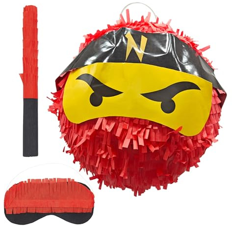 Relaxdays Pinata Ninja, mit Stab & Maske, Partypinata Kinder, für Geburtstag, Schlagpinata zum Befüllen, Ø 25 cm, rot