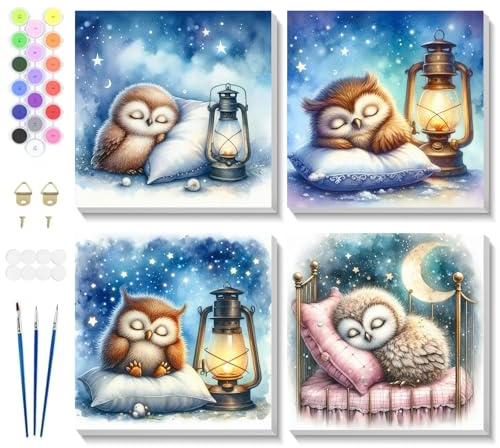 Fumupe 4 Pack Pintar por Numeros Niños con Marco, DIY Cartoon Cuadros para Pintar por Numeros Búho Durmiendo, Pintura Acrilica Manualidades Adultos Niña, Regalo Niña 9 10 11 12 13 Años, 20x20cm