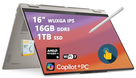 Lenovo Yoga 7 2-in-1 Copilot+ AI PC Laptop | 16 WUXGA IPS Touch | AMD Ryzen AI 5 340 (Up to 50 Tops) | 16GB DDR5 1TB SSD | for Creator Business Professional Wi-Fi 7 Stylus Win11 w/DLCA Accessory