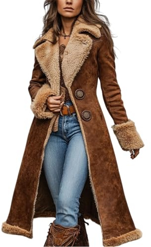 Abrigos largos de piel para mujer, gabardina de sherpa para mujer, abrigo de piel sintética marrón, forro polar, chaqueta occidental cálida para invierno, marrón oscuro, S