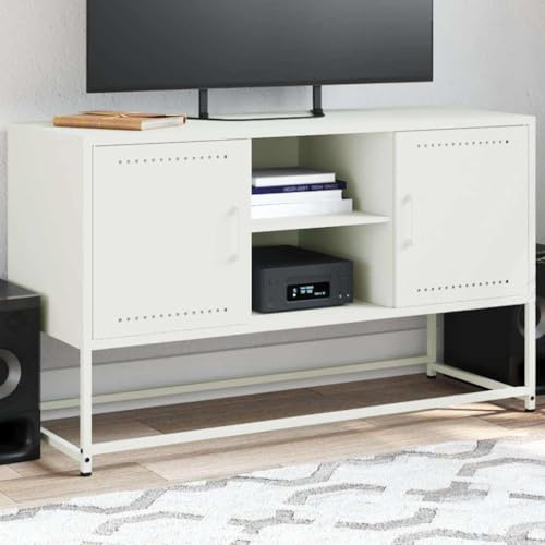 Modernt vitt TV-stativ 100 x 39 x 60 cm, industriell stålplatta med gott om förvaring och väggmontering, elegant design för vardagsrum och sovrum