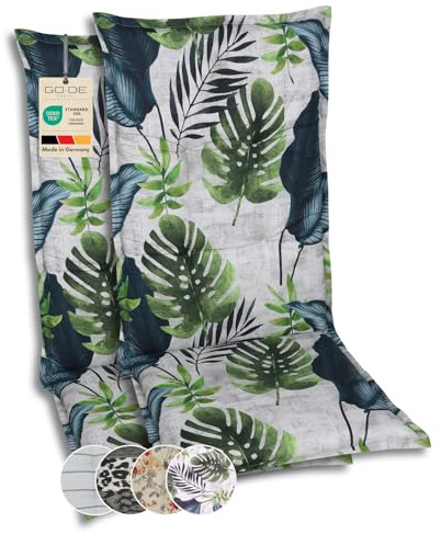 GO-DE Textil Bequeme und attraktive Polsterauflagen für Hochlehner-Gartenstühle (2er-Set, Palmblatt grün, Hochlehner)