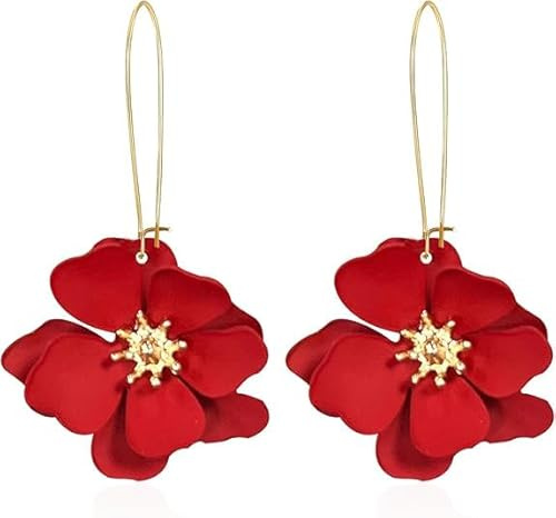 Pendientes de Flores,Pendientes de Mujer,Pendientes Colgantes De Flores Bohemias,Grandes Florales para Fiestas, Bodas, Accesorios Diarios (Rojo)