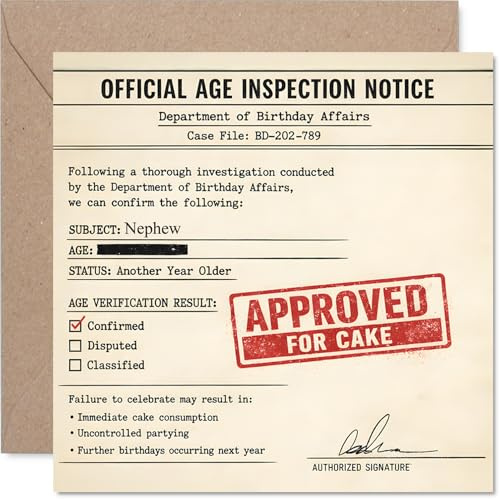Funny Birthday Card for Nephew, Ready for a Slice of Fun | Comical 'approved for Cake' Inspection Notice Motif, 145mm Square, Envelope Included