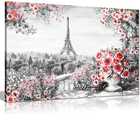 Panther Print Leinwanddruck, Motiv: Paris, Kunstdruck mit schwarz-weiß-roten Rosendetails, Ölbild-Optik, 24 x 16