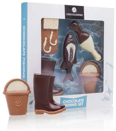 Fischerset aus Schokolade - Set aus Vollmilch-, weißer und Zartbitterschokolade | Anglerset | Geschenkidee | Hobby | Geburtstagsgeschenk |Vatertagsgeschenk | Schokolade