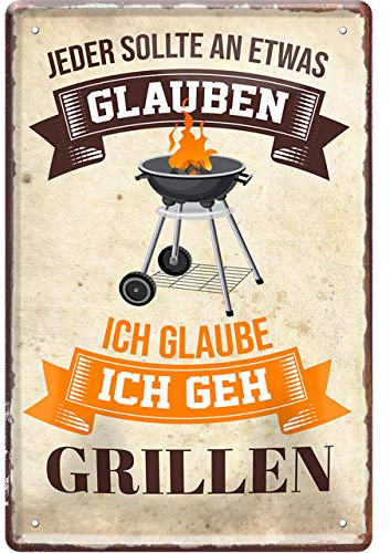 schilderkreis24 – Blechschild Lustiger Spruch “Jeder glauben Grillen“ Deko Schild Metallschild BBQ Grill Geschenkidee Witziges Geschenk Geburtstag Weihnachten für Garten Terrasse Balkon Küche 20x30 cm