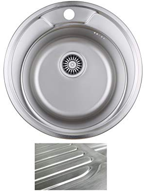 VBChome Einbauspüle fi 490 mm Satinstruktur ab 45er Unterschrank Edelstahl Küchenspüle Rund Spüle Ablagefläche Abtropffläche Camping Ablaufgarnitur Siphon mit Hahnlochbohrung
