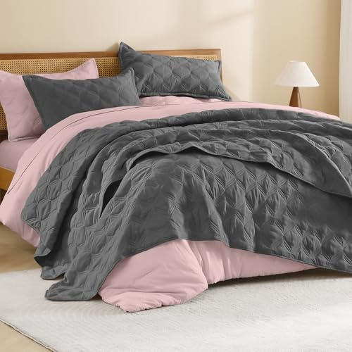 Litanika Bettwäsche-Set für King-Size-Betten, grau, leicht, grau, 3-teiliges Tagesdecken und Decken, Bettbezug, für alle Jahreszeiten, Bettdekoration (1 Steppdecke, 2 Kissenbezüge) | Wolkenähnlich, weich, flauschig, leicht, atmungsaktiv, Ganzjahresdecke, Bett-Set, Raumdekoration, Geschenk