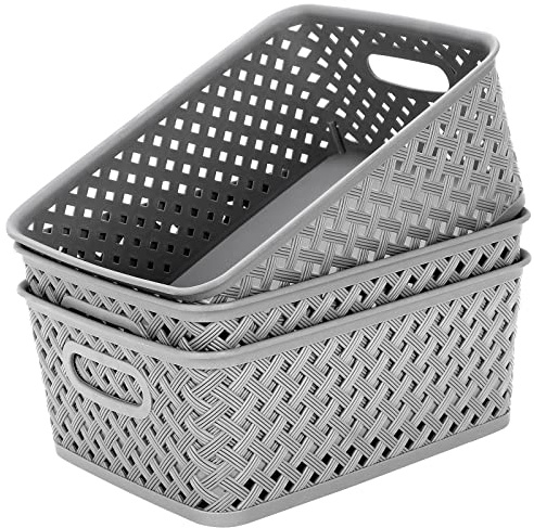 MaxGear Organization and Storage 3 Packs, Plastic Bins Organizer Bins, Woven Baskets for Storage, Plastic Baskets with Handles, Grey Basket for Organizing, Basket Organizer for Home and Office, Medium