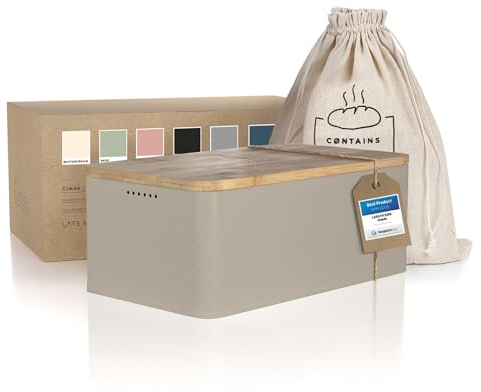 LARS NYSØM Panera I Recipiente para Pan con Bolsa incluida Hecha de Lino I Caja de Pan con Tapa de bambú Adaptable como Tabla de Cortar (Taupe Brown)