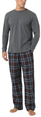 LAPASA Varm och bekväm pyjamas för män bomullstopp och flanell- eller fleecebyxor höst/vinter M79/M129, Ljusgrå topp + blå och röda byxor, XL