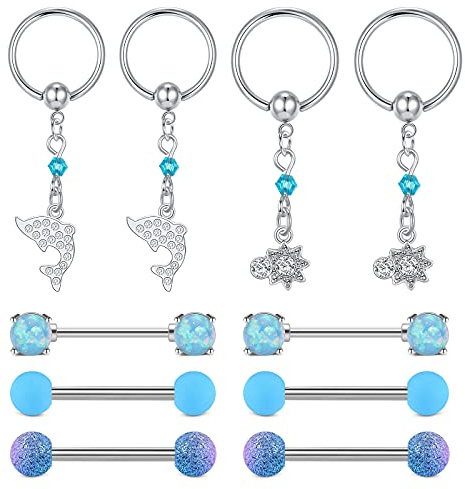 D.Bella Piercing Téton Mamelon Acier Inoxydable 14G Anneau de Mamelon Téton Barbell Anneau de Perle Captive avec Pendentif Bijoux de Piercing 5 Paires