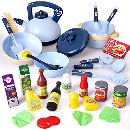 Veluoess 30 PCS Kids Kitchen Toy Pretend Cooking Set,Cookware Playset Food Toy with Pots,Pans,Cooking Utensils and Food Accessories,Pretend Play Educational Gifts for Boys and Girls 3 Years + (Blue)