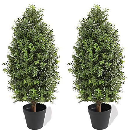momoplant 2.5FT-30Inch Artificial Plants Tree Shaped Boxwood Topiary Cone Topiaries Bushes Potted Fake Plants Outdoor/Indoor Decor（Set of 2）