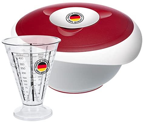 Westmark Back-Set: 1 Rühr-/Backschüssel mit zweigeteiltem Deckel (3,5 l) + 1 Messbecher mit Feinmesskegel, Kunststoff, Weiß/Rot/Klar, 315522E8