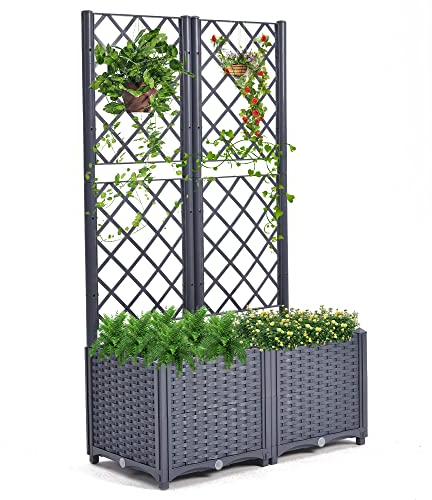 Mingone Pflanzgefäss mit Rankgitter Hochbeet Blumenkasten mit 2 Pflanzgefäß Wasserspeicher Balkonkasten Rattan Optik für Garten Terrasse 40x40x136cm，Grau