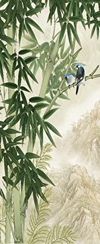 A.Monamour Adesivo Porta Autoadesiva 3D Uccelli Su Bambù Verde Disegno Sullo Sfondo Del Paesaggio Di Montagna Vinile PVC Adesivi per Porte Interne Pellicola Adesiva Poster Sticker Murale Parete