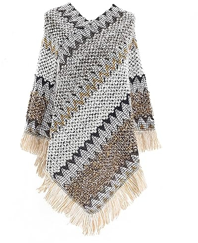 Jdlsppl Dam poncho tröja sicksack stickad mexikansk poncho wrap höst hippie mjuk frans virkad sjal asymmetrisk cape, Grå, one size