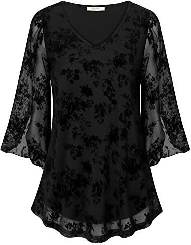 Bebonnie Plus Size Dressy Tops for Women, Womens Ruffle 3/4 Sleeve Business Casual Wear to Work Tops V Neck Layers Chiffon Blouses Loose Fit Flowy Tunic Tops to Hide Belly Black Floral 3XL