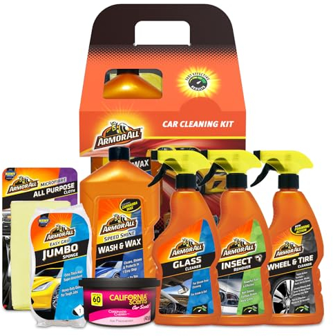 Armor All 7-Piece Car Cleaning Kit, Includes Glass Cleaner, Jumbo Sponge, Car Wash & Wax, California Scents Can Car Air Freshner, Wheel & Tyre Cleaner 500ml, Insect Remover and Microfibre Cloth