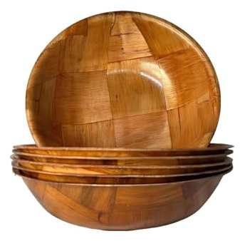Rich&Richer Wooden Salad Bowl Set - 8 Inch Large Serving Bowls, 6 Piece Woven Wood Mixing Set for Food and Kitchen