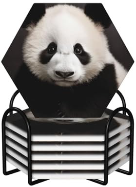 Niedliche schwarz-weiße Panda-Untersetzer für Getränke, 6er-Set mit Halter, saugfähige Keramikuntersetzer mit Korkboden, Hitze- und Kratzfestigkeit, dekorative Getränkematten, Untersetzer,