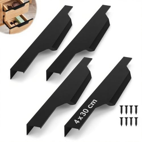 AMONENZ 4 Stück 300 mm Türgriffe Schrank, Schwarzer Küchenschrank Griffe, Versteckter Schubladengriffe, Moderne Schrankgriff, mit 8 Schrauben, für Schubladen, Schrank, Küchenschranktür