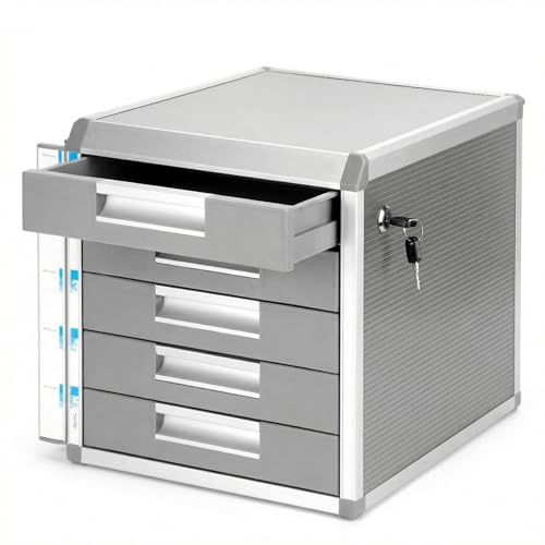 QWORK® Schubladenbox A4, 5 Fächer, Mit Schloss, Aluminiumlegierung, Silber