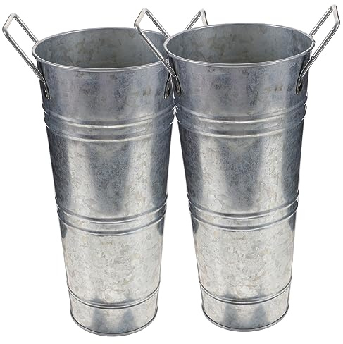 Cabilock Vintage Galvanized Metal Flower Buckets with Handles, 2pcs Rustic Flower Vases for Home Decor and Florist Supplies, Leak-resistant Decorative Buckets for Centerpieces and Garden Use