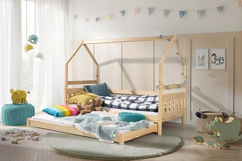 KEF Lily Kinderbett 80x160 cm - Hausbett für Zwei Kinder - Bodenbett aus Holz - Babybett mit Lattenrost mit Rollen - Floor Bed - Jugendbett für Kinderzimmer - Kiefer