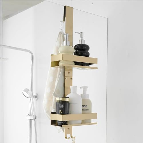 Brusehd GTS0715BG-2-FBA - Mensola da doccia a 2 ripiani, senza fori, per porta in vetro con ganci, in acciaio inox color oro Brusehd