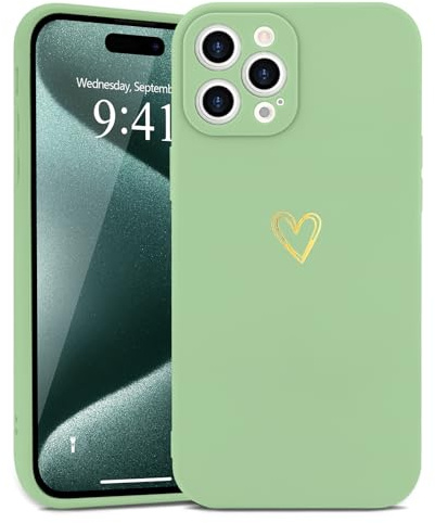 Wirvyuer Custodia Compatibile con iPhone 15 Pro Max Cover Ragazze Oro Amore Cuore Custodia protezione fotocamera Silicone Cover Protettiva Antiurto Gold Love Case per iPhone 15 Pro Max Verde Matcha
