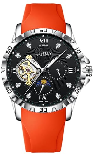 rorios Tourbillon Mechanische Armbanduhren Herren Multifunktional Uhr Mode Automatik Uhren Elegant Analog Herrenuhren mit Silikon Armband für Männer Orange