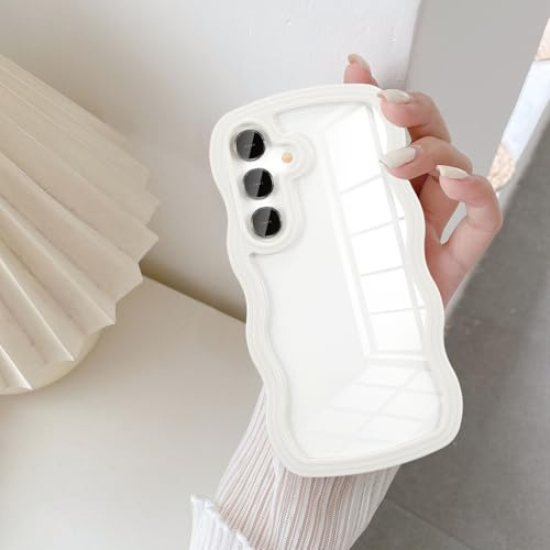 UEEBAI Clear Case for Samsung Galaxy A55 4G/5G,Cute Pretty Colorful Wave Frame Slim Fit Shockproof Phone Bumper Cover Translucent Soft Pretty Anti-Scratch Protective TPU Case - White