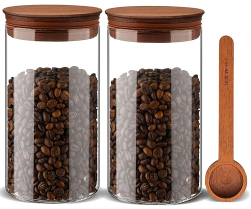 Vorratsdosen Glas mit Holz Deckel 2er Set, 1100ml Luftdicht Vorratsgläser mit Deckel und Schaufel für die Lagerung Kaffeebohnen, Weite Mund Vorratsglas für Kaffee Bar Veranstalter, Küchen Müsli